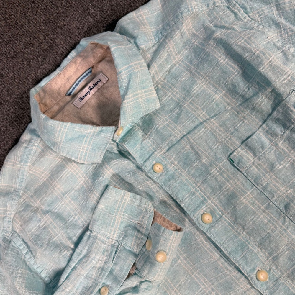 Tommy Bahama Mens XL Blue Plaid 100% Linen LS Button Down Shirt ST325395 #4342